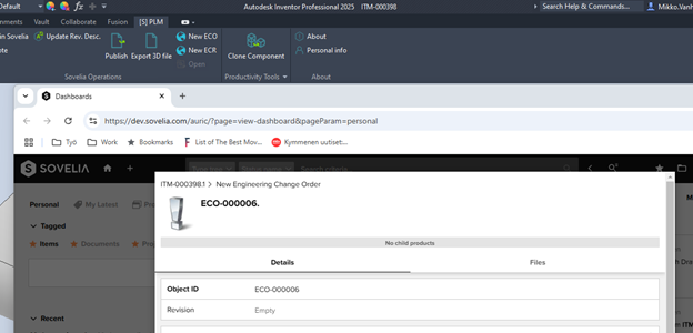 Launch ECO and ECR creation from Inventor