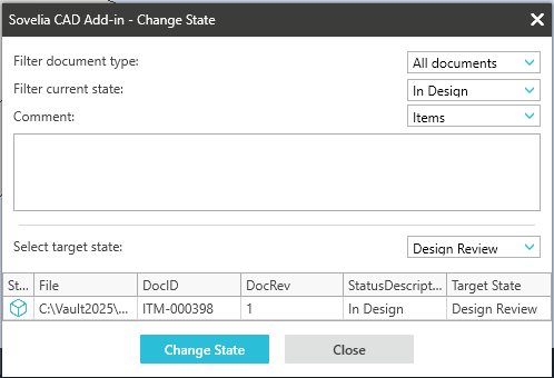 Status filter in promote Sovelia CAD Add-in 25.1
