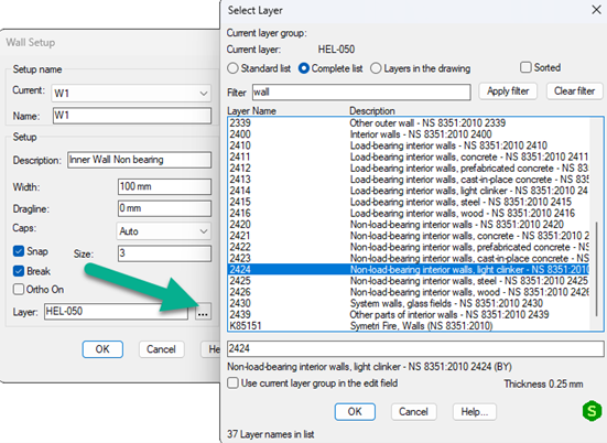 Wall setup select layer Sovelia AutoCAD