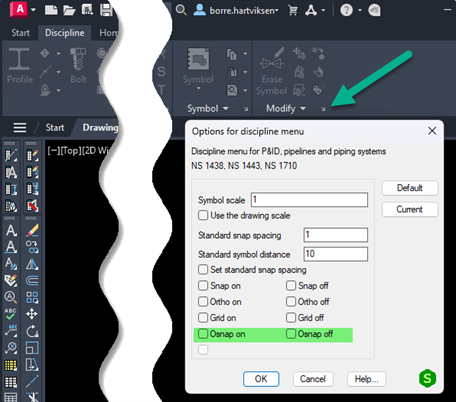 Osnap setting in options for discipline menu Sovelia AutoCAD